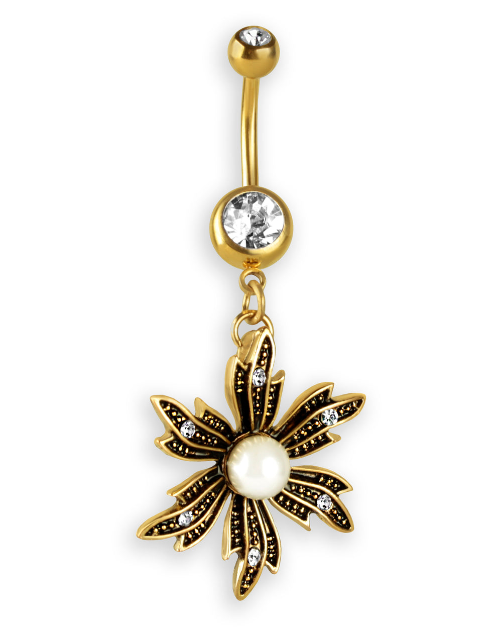 Gold-plated navel piercing with vintage flower, pearl and zircons