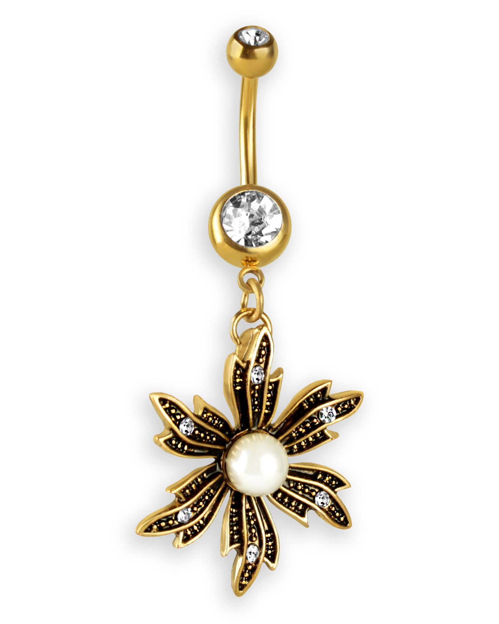 Gold-plated navel piercing with vintage flower, pearl and zircons