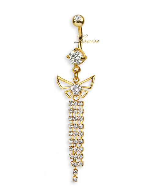 Piercing de ombligo doble joya chapado en oro 18k con mariposa calada, circonitas transparentes y cadenitas de strass