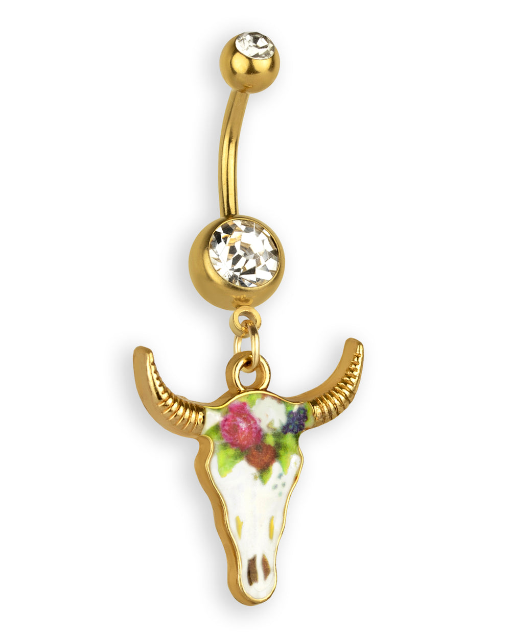 Gold-plated navel piercing with enameled buffalo skull and flowers