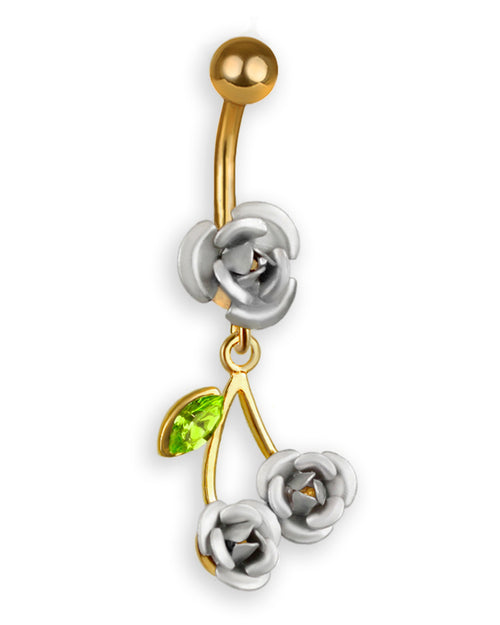 24kt gold-plated belly button piercing with silver roses and 925 sterling silver