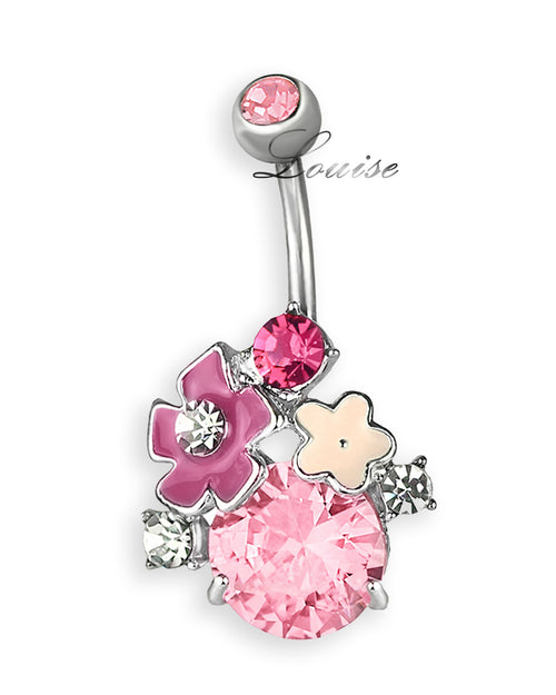 Piercing de ombligo con circonitas rosas y florecillas