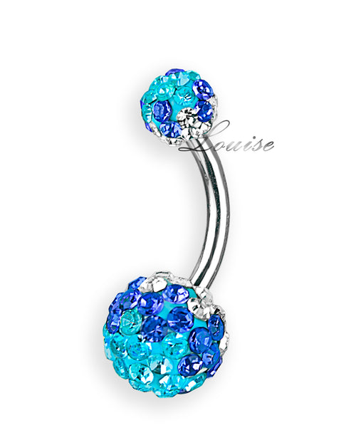 Piercing de ombligo con dos bolas de cristal en tonos aqua, azul y transparente