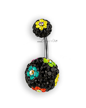 Piercing de Ombligo Cristales Swarovski Negros con Flor de Colores