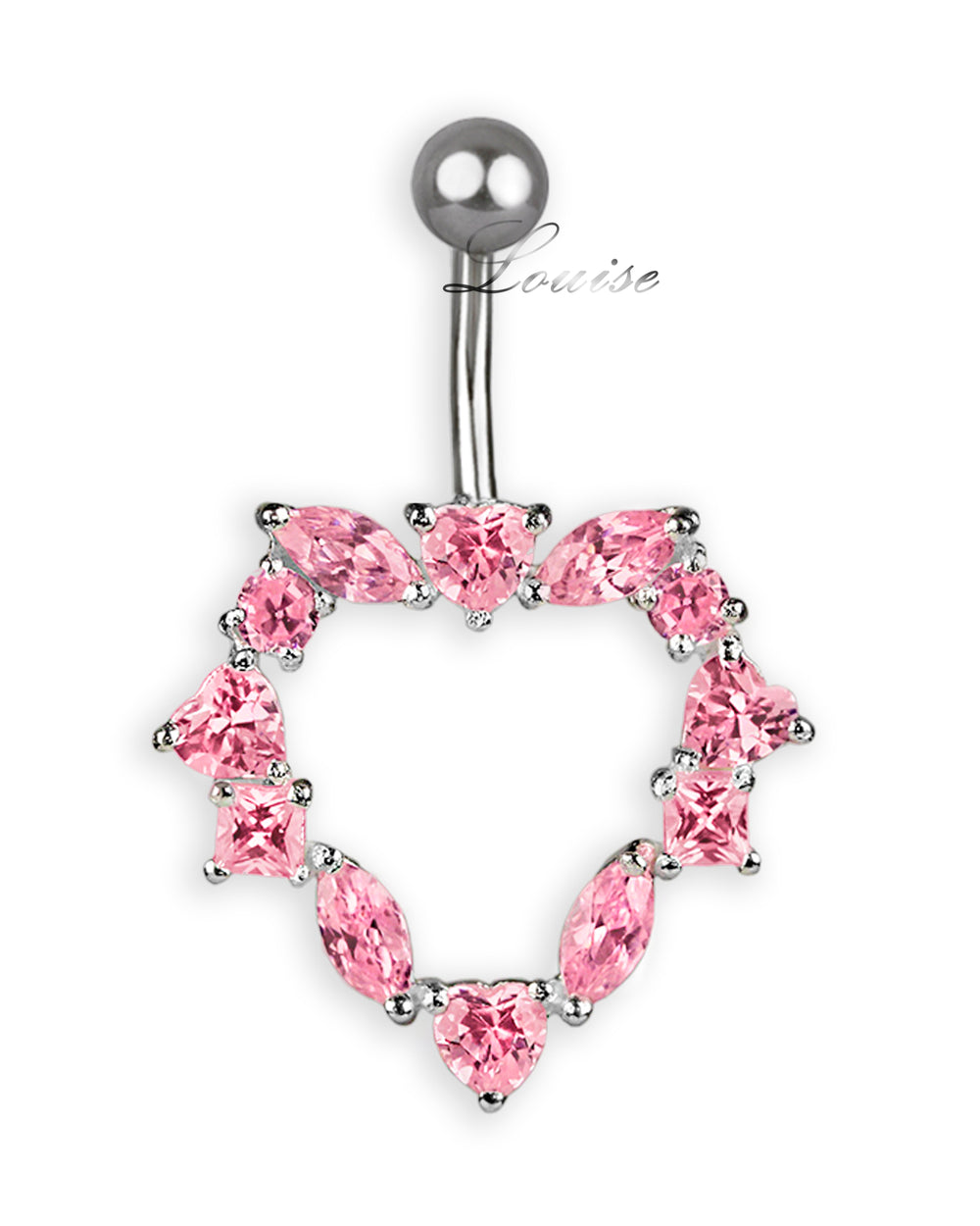 Piercing de Ombligo Titanio Corazón Calado Plata 925 con Zirconias Rosas