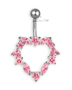 Piercing de Ombligo Titanio Corazón Calado Plata 925 con Zirconias Rosas
