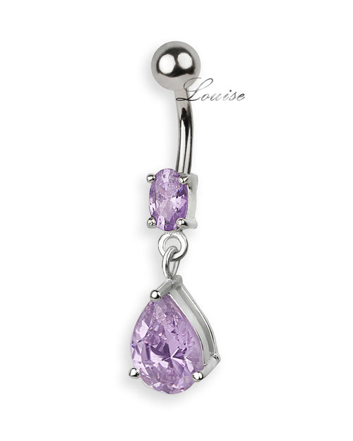 Piercing de ombligo de titanio con colgante en forma de gota de plata de ley 925 y circonitas de lavanda