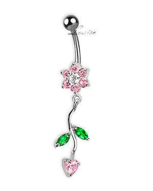 Piercing de Ombligo Titanio Flor Plata 925 Rosa con Zirconias