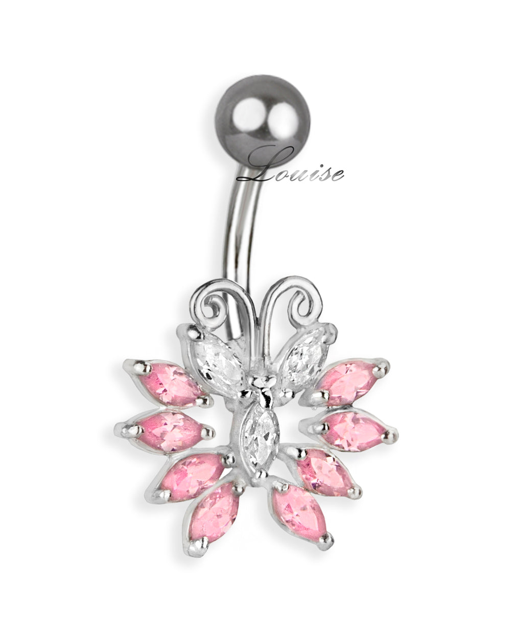Piercing de Ombligo Titanio Mariposa Plata 925 con Zirconias Rosa y Transparente