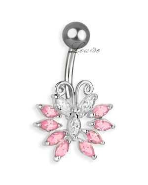 Piercing de Ombligo Titanio Mariposa Plata 925 con Zirconias Rosa y Transparente