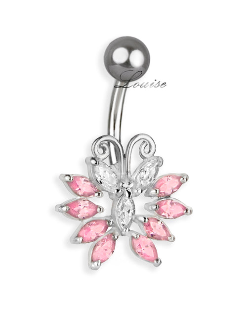 Piercing de Ombligo Titanio Mariposa Plata 925 con Zirconias Rosa y Transparente