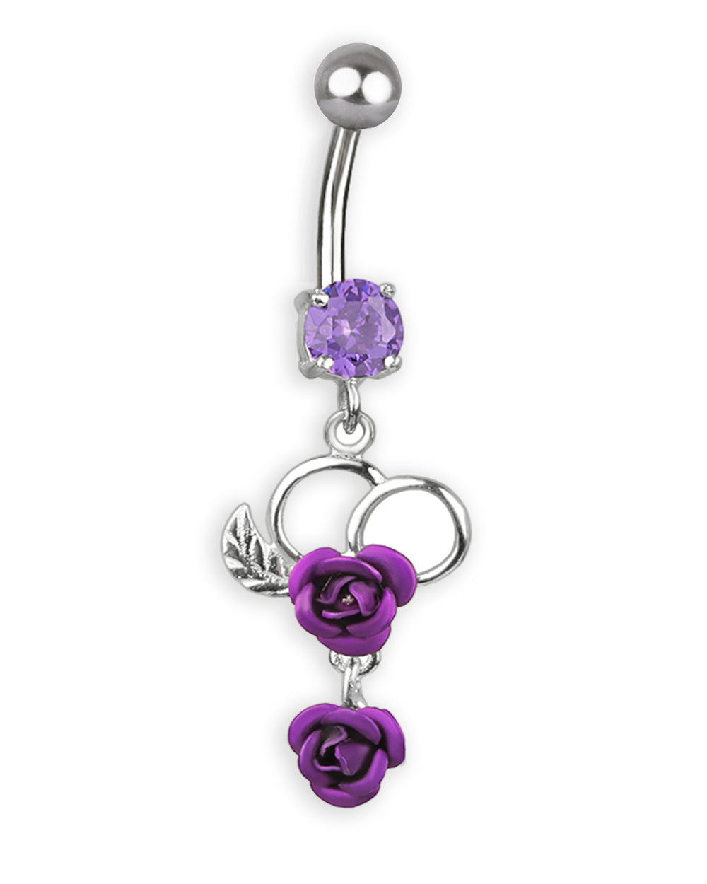 Titanium navel piercing with silver heart, roses, and purple zirconia