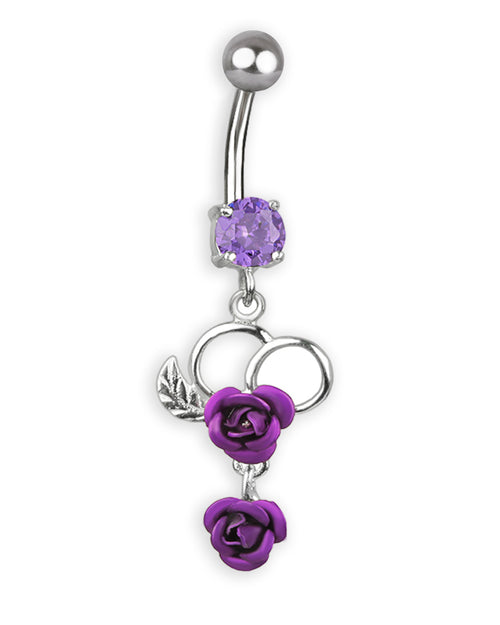 Titanium navel piercing with silver heart, roses, and purple zirconia