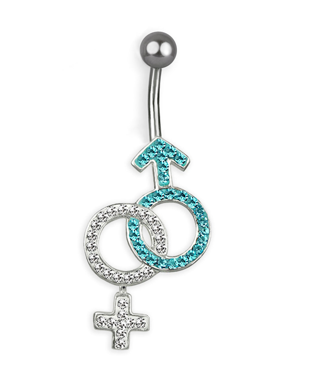 Titanium navel piercing with Venus and Mars symbols in silver and zircons