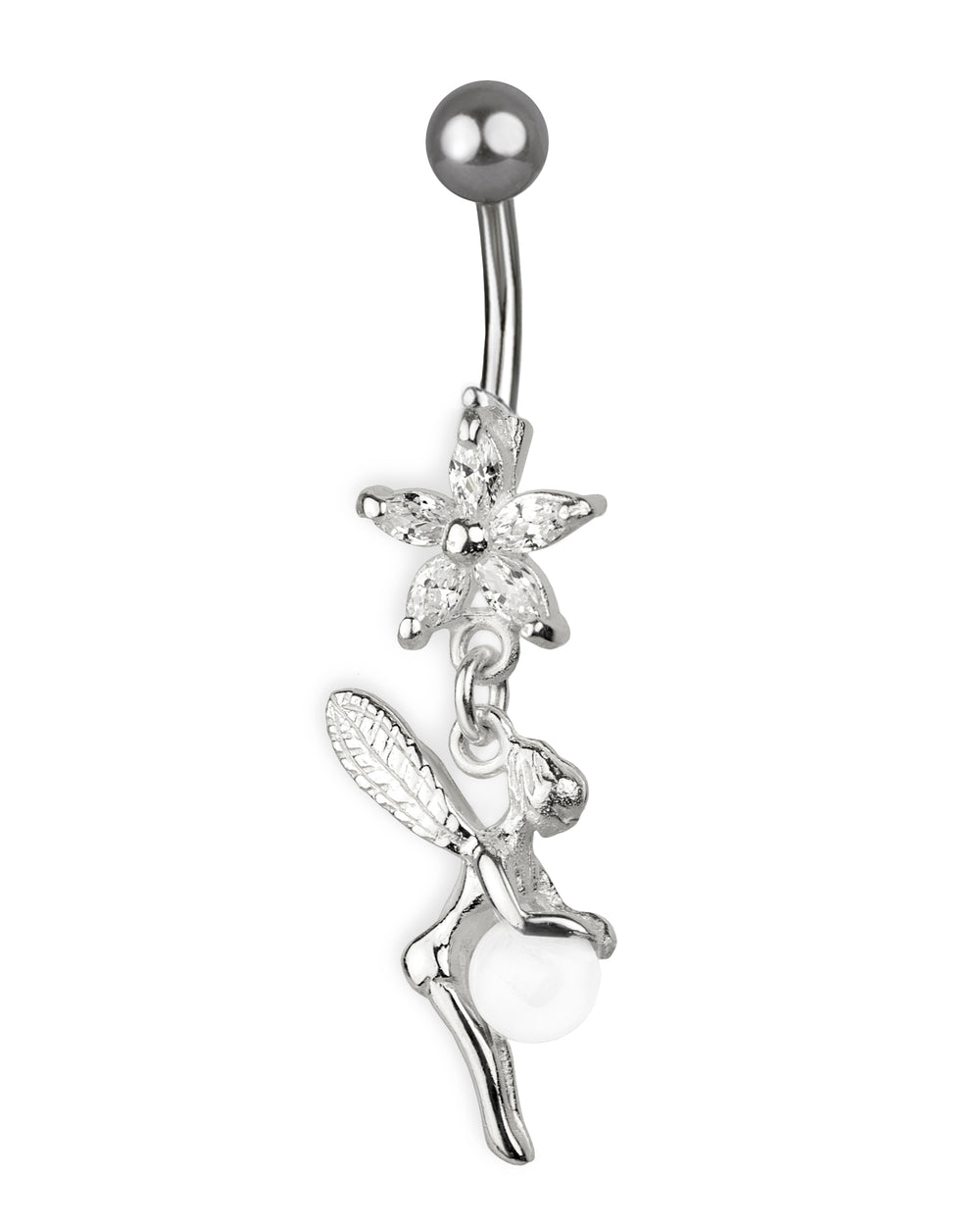 Titanium Belly Button Ring with Silver Fairy and Zirconia Flower