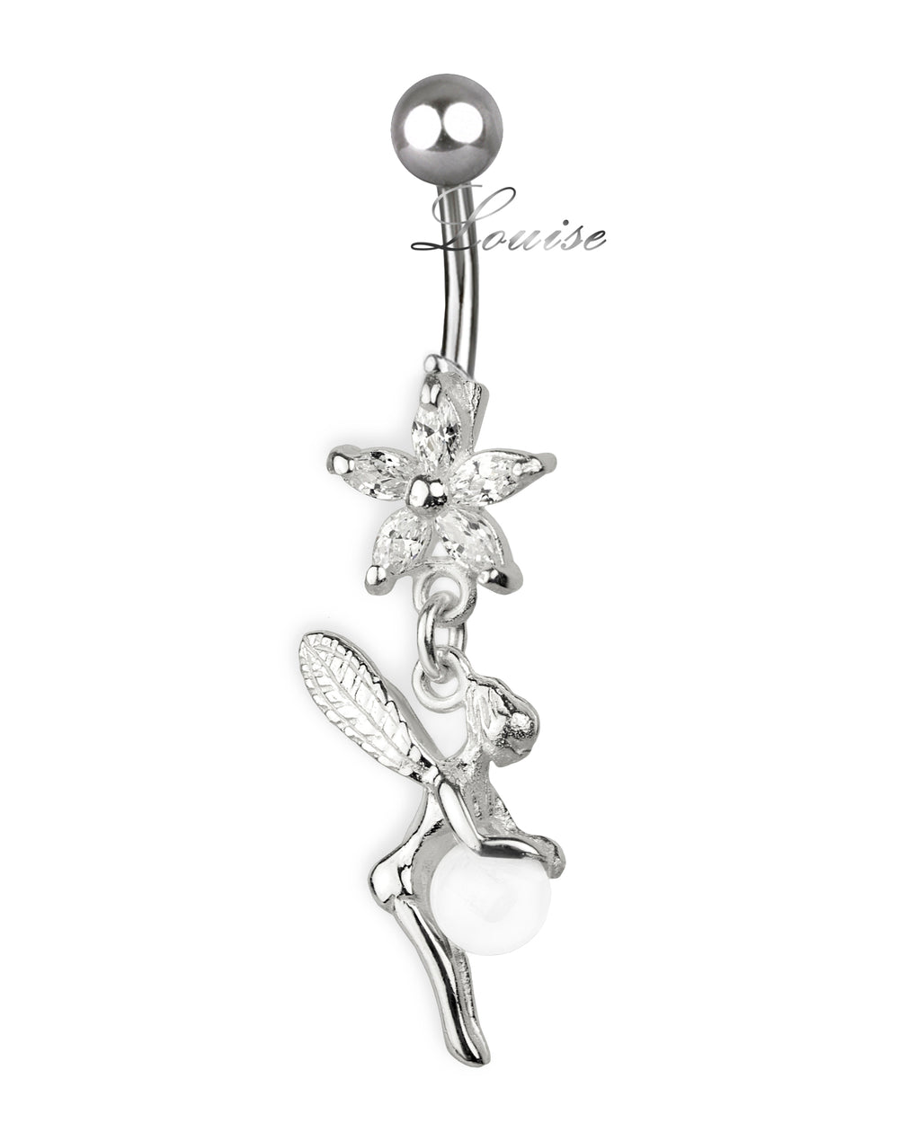 Navelpiercing van titanium met zilveren fee en zirkoniabloem