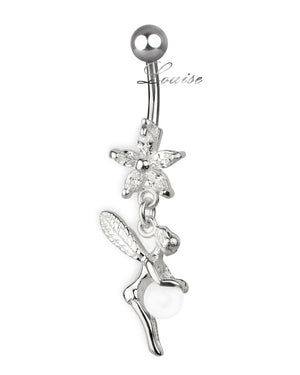 Navelpiercing van titanium met zilveren fee en zirkoniabloem