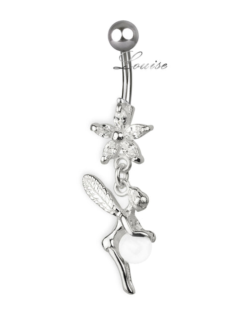 Navelpiercing van titanium met zilveren fee en zirkoniabloem