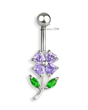 Piercing de Ombligo Titanio Trébol Cuatro Hojas Plata 925 con Zirconias Lavanda
