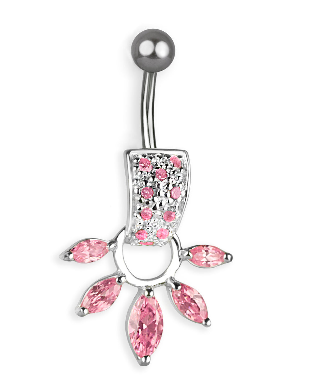 Titanium navel piercing with silver pendant and pink zirconia fan