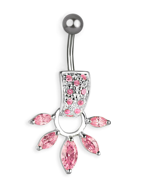 Titanium navel piercing with silver pendant and pink zirconia fan