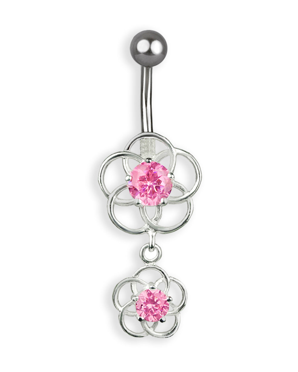 Titanium Navel Piercing with Silver Flowers and Pink Zirconias