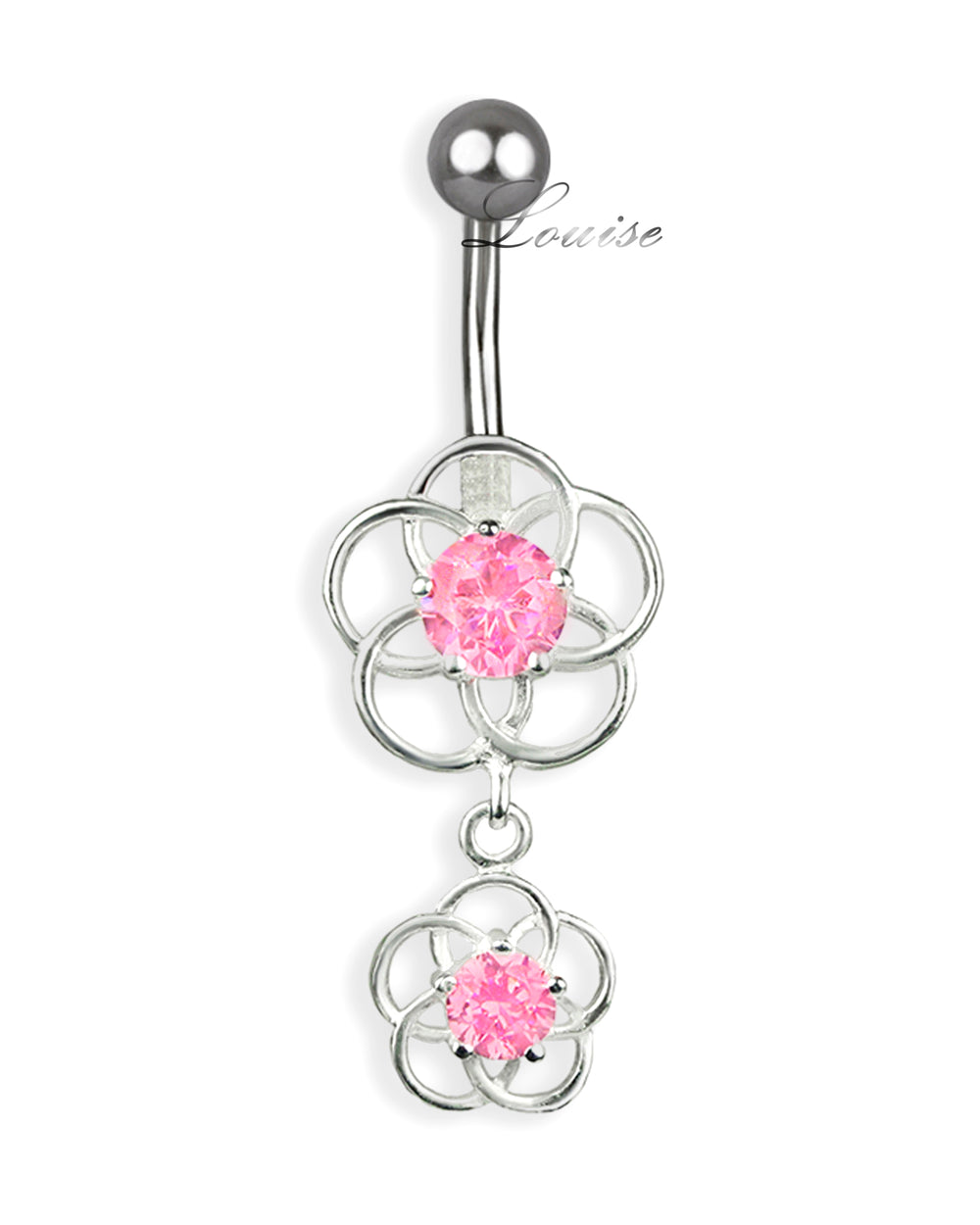Piercing de Ombligo Titanio Dos Flores Plata 925 con Zirconias Rosa Intenso