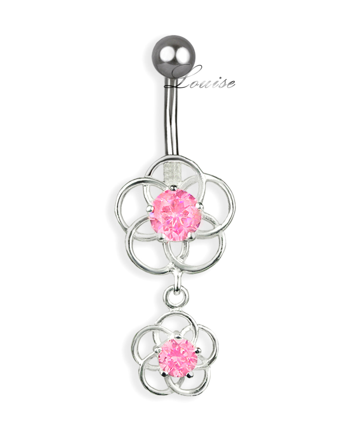 Piercing de Ombligo Titanio Dos Flores Plata 925 con Zirconias Rosa Intenso