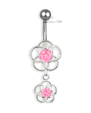 Piercing de Ombligo Titanio Dos Flores Plata 925 con Zirconias Rosa Intenso