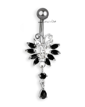 Piercing de Ombligo Titanio Mariposa Plata 925 con Zirconias Negro y Transparente
