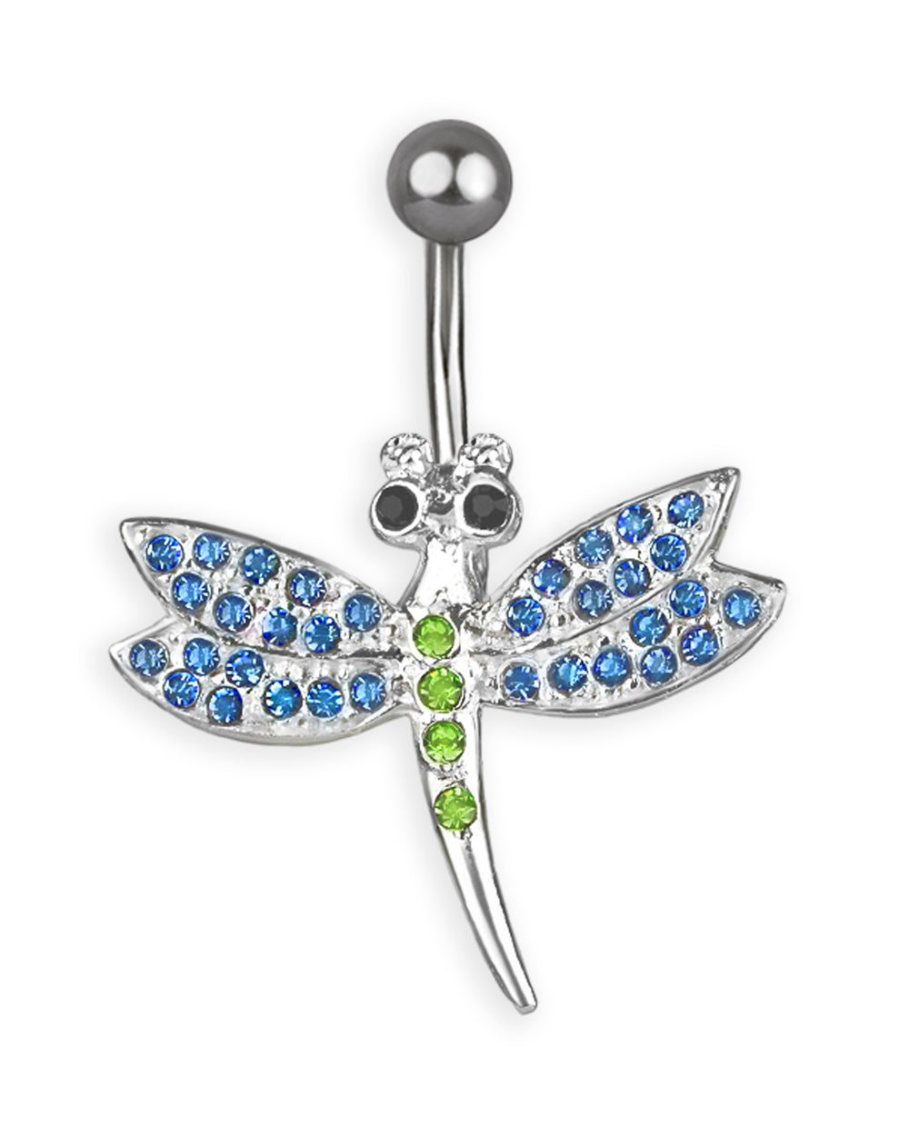 Titanium navel piercing with silver dragonfly and blue and green zircons