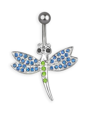 Piercing de Ombligo Titanio Libélula Plata 925 con Zirconias Azules y Verdes