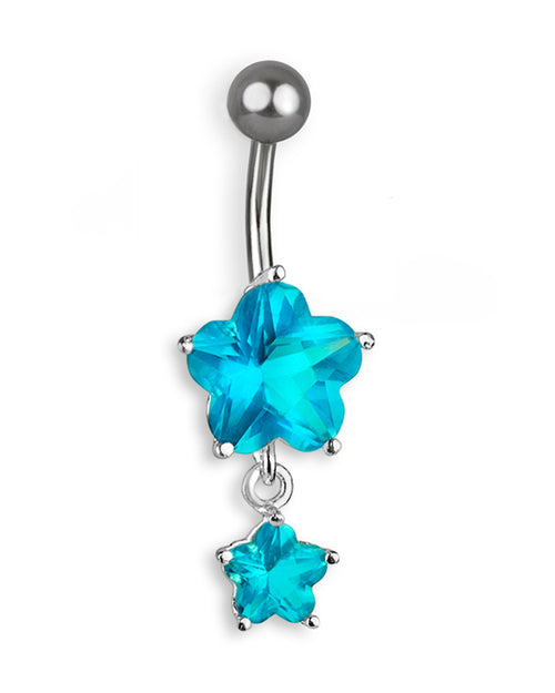 Titanium Belly Button Ring with Two Aqua Zirconia Flowers