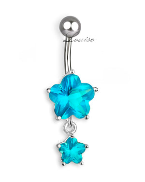 Piercing de Ombligo Titanio Dos Flores Plata 925 con Zirconias Aqua