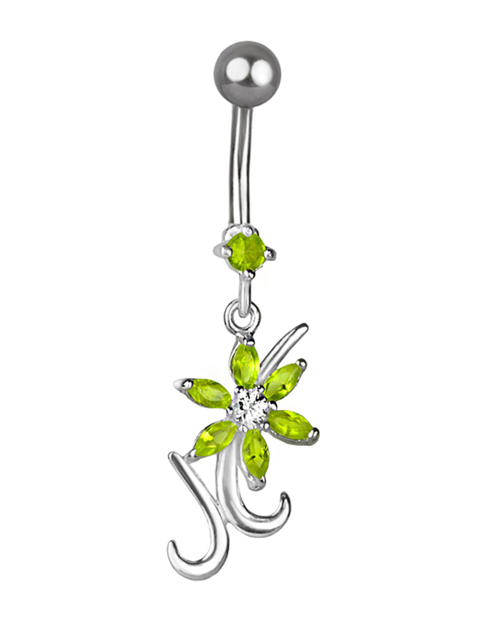 Titanium Belly Button Ring with Delicate Silver Flower and Green Cubic Zirconia