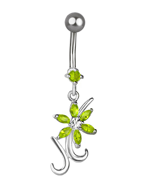 Titanium Belly Button Ring with Delicate Silver Flower and Green Cubic Zirconia