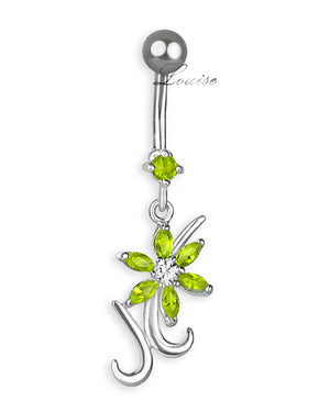 Piercing de Ombligo Titanio Flor Plata 925 con Zirconias Verde Limón