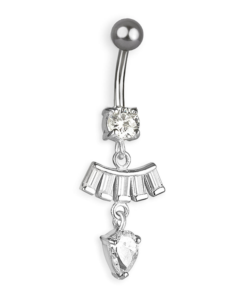 Titanium navel piercing with silver dangle and clear cubic zirconia