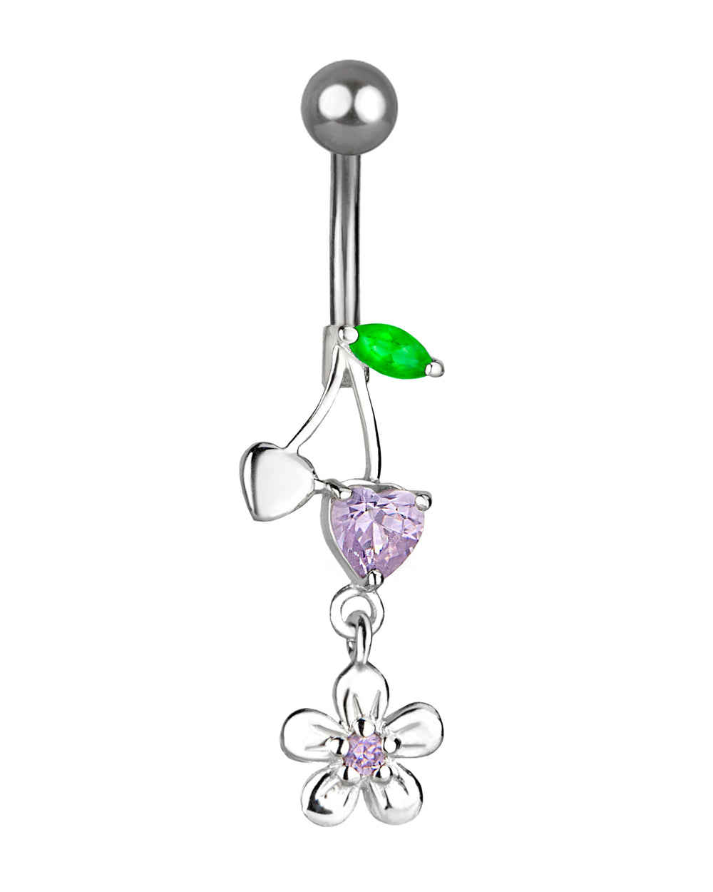 Titanium belly button piercing with elegant silver dangle, flower and zircons
