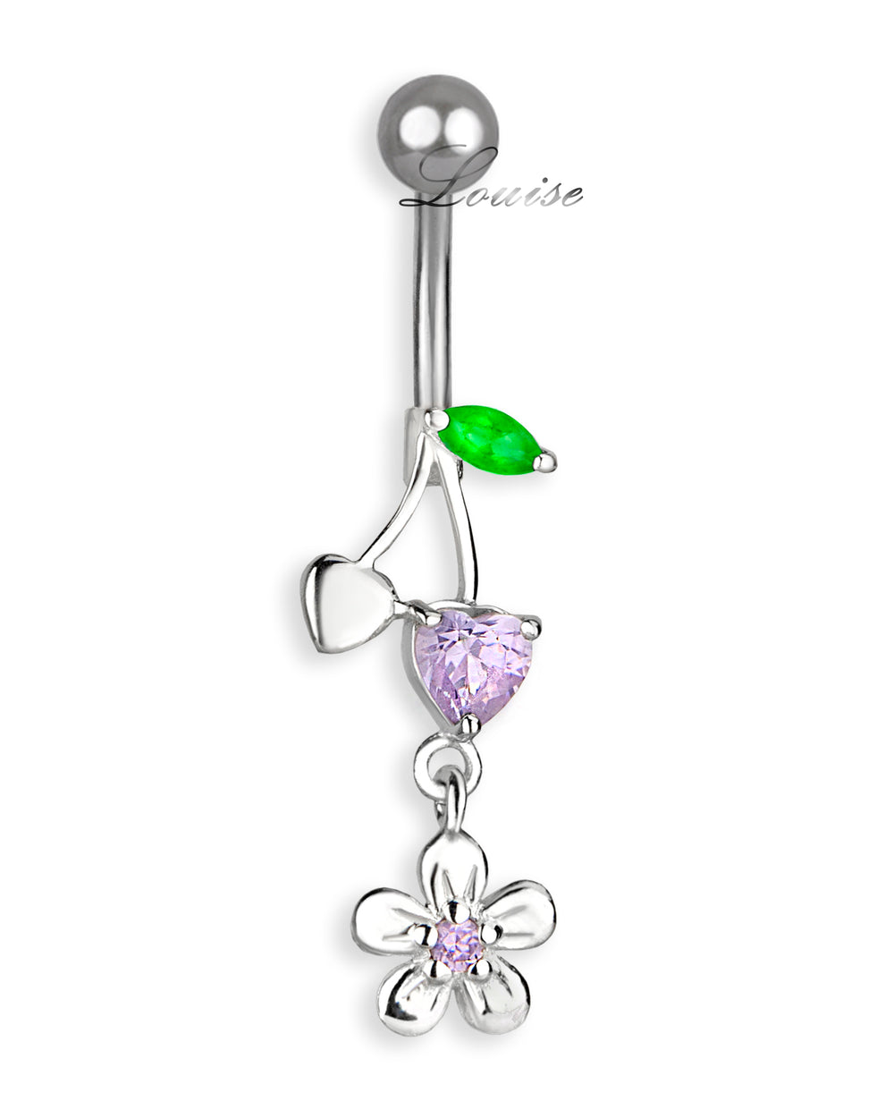 Piercing de Ombligo Titanio Flor Plata 925 con Zirconia Lavanda y Hoja