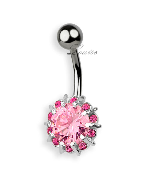 Piercing de ombligo de titanio con colgante de plata de ley 925 y circonitas rosas centelleantes