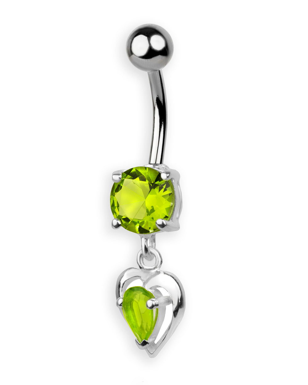 Titanium Navel Piercing with Zirconia Lime and Silver Heart