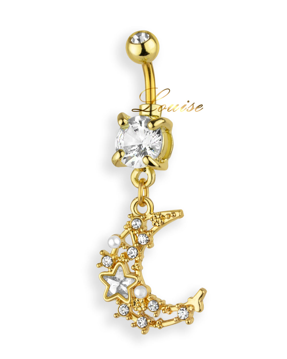 Piercing de ombligo bañado en oro con luna, estrella y zirconias
