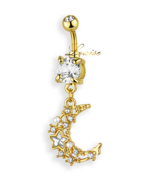 Piercing de ombligo bañado en oro con luna, estrella y zirconias