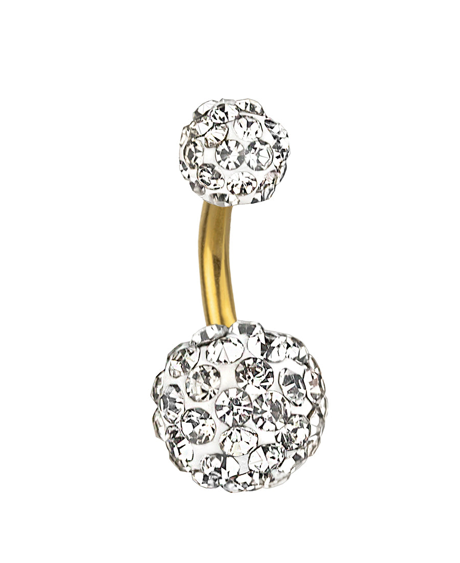 Piercing de ombligo bañado en oro con bolitas de cristal transparente