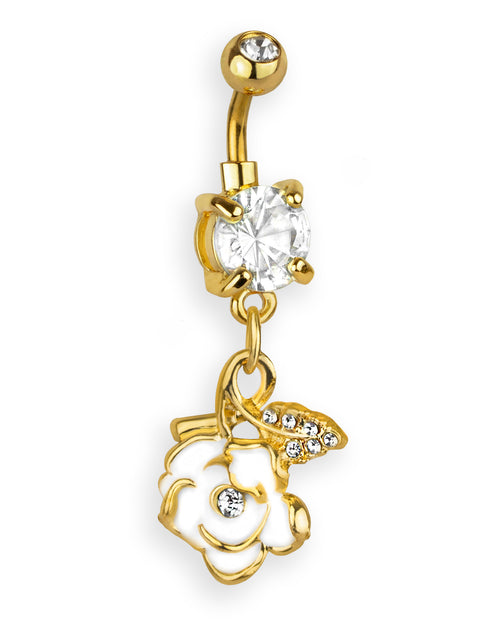 Golden belly button piercing with elegant white rose