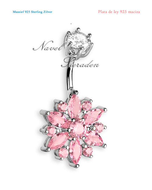 Piercing de ombligo de plata de ley 925 con flor de zirconia rosa