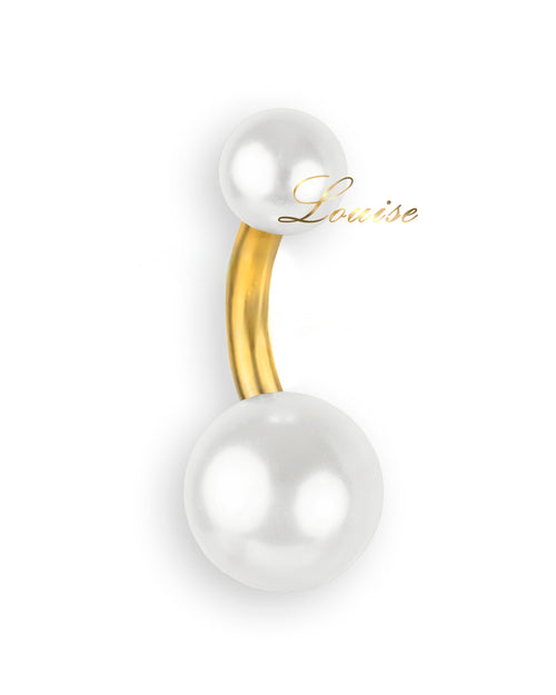 Piercing de ombligo bañado en oro con 2 perlas blancas brillantes