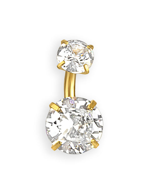Piercing de ombligo chapado en oro con dos circonitas brillantes
