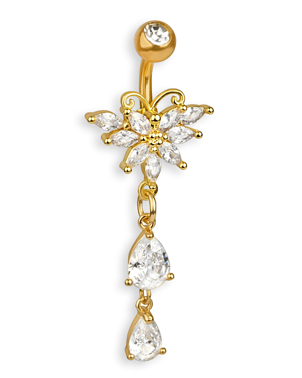 Exclusive gold belly button piercing with sparkling zircon butterflies